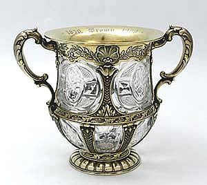Gorham 1893 Glass and silver gilt mounted loving cup